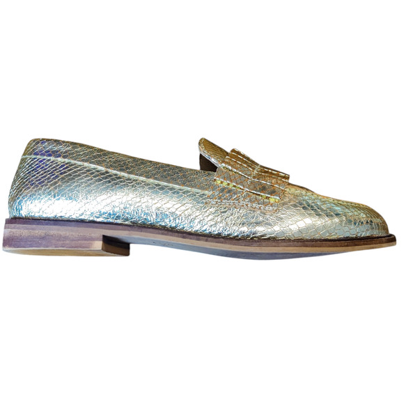 Seychelles Gold Metallic Powerful Leather Snakeskin Fringe Loafers 6.5 Holiday - Picture 6 of 13